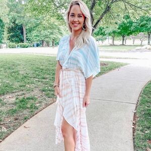 Mustard Seed Dress Womens  Large Blue Peach Dolman Sleeves NEW Beachy